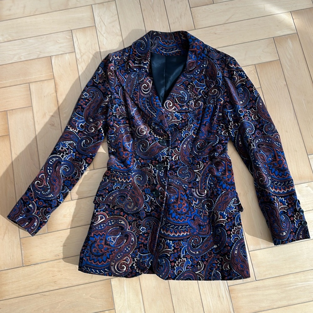 Vintage Velvet Blazer Jacket 1970's Size Small Blue Black Brown Paisley